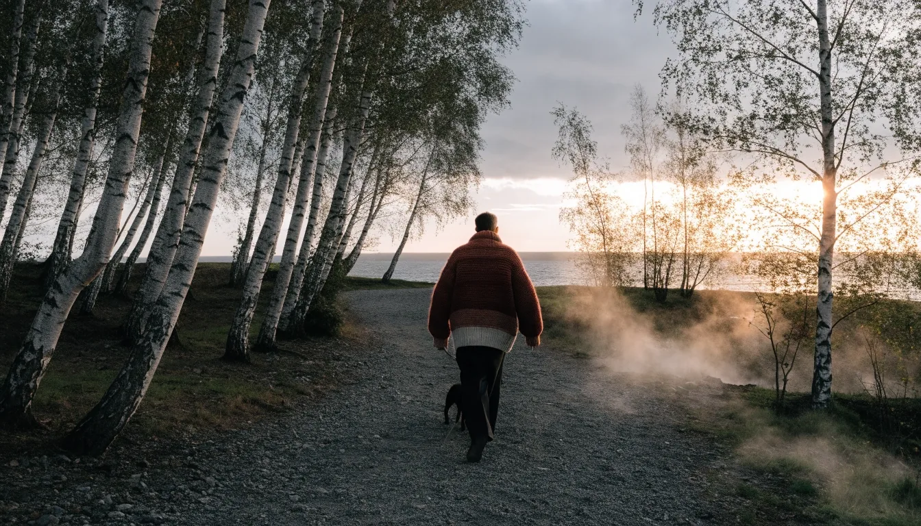 A person in a knitted jumper walking a quiet coastal path in late-afternoon light, seen from behind