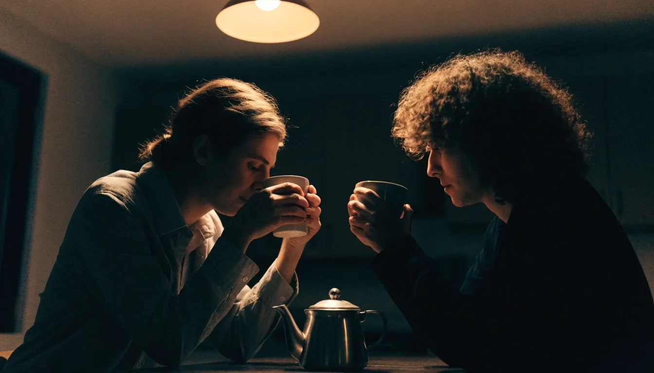A kitchen table set for company at night with two mugs and a teapot under a warm ceiling lamp