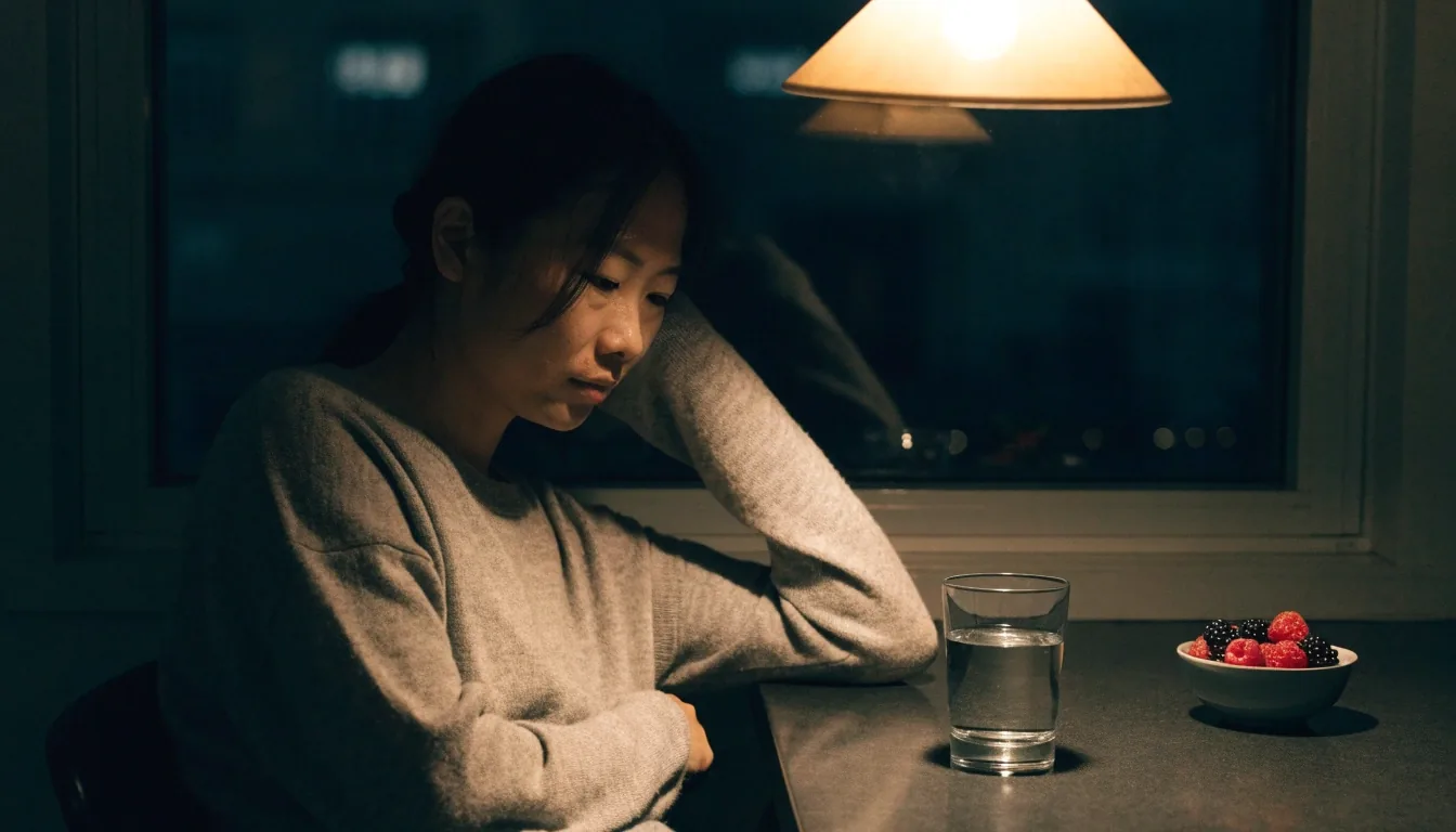 A kitchen table at night under a single warm lamp, a glass of water and a plate of rye bread and berries on the right, quiet shadow on the left