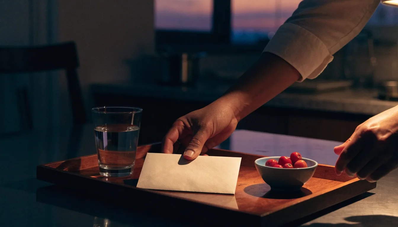 A plain unopened envelope and a folded blank sheet on a dusk-lit kitchen counter, a cup of tea beside them
