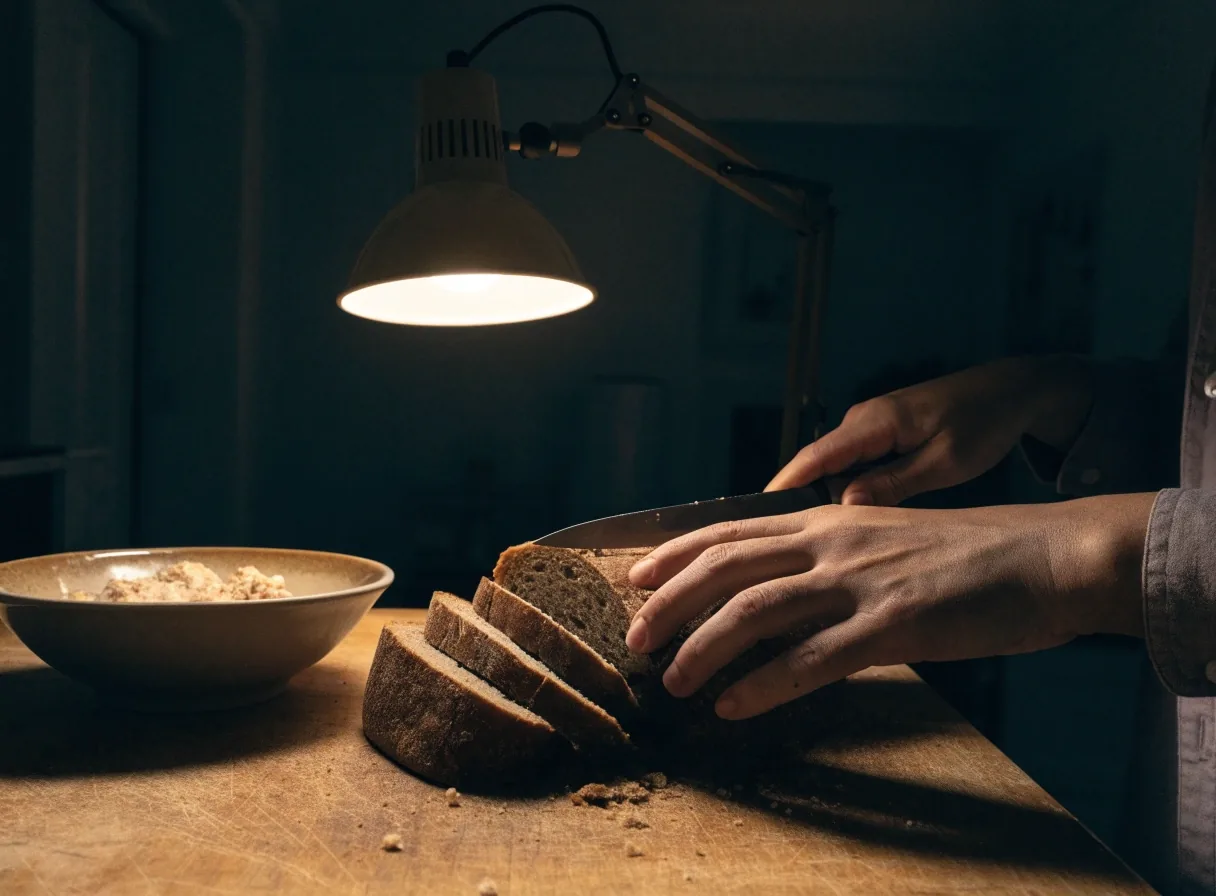 Dark rye bread and a plain bowl of oats on a kitchen board under one warm lamp at night